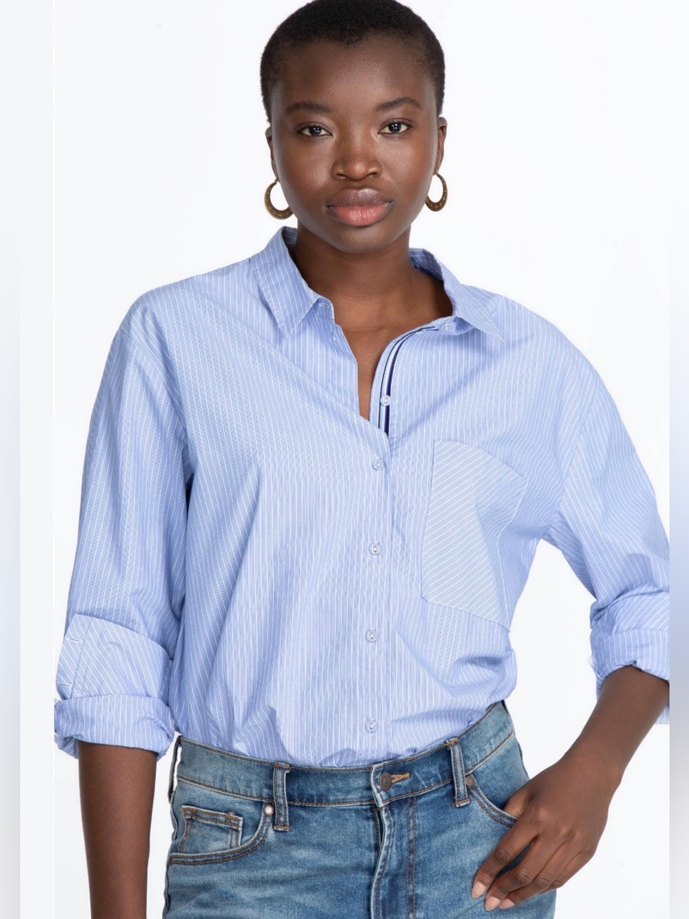 Johnny Was Corinne Relaxed Pocket Button-Down Shirt in Blue Stripe, Size XS